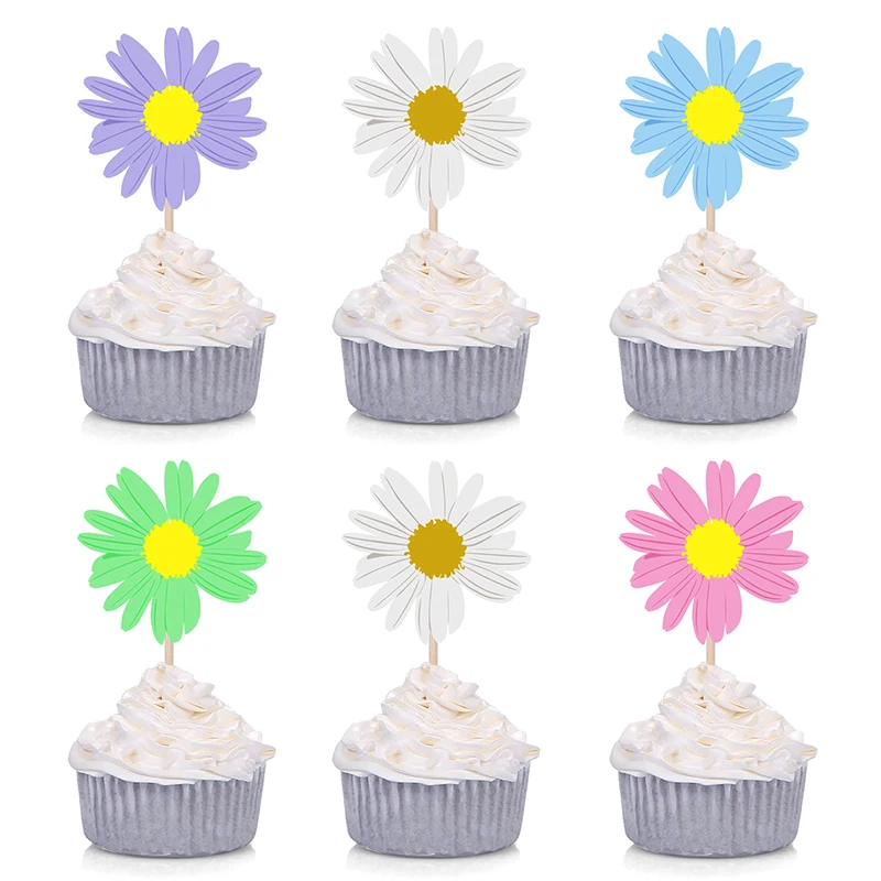 6Pcs Hawaiian Party Girasole Daisy Cake Flag Banner Cake Topper Paper Hawaii Summer Beach Aloha Wedding Birthday Decoration Kid