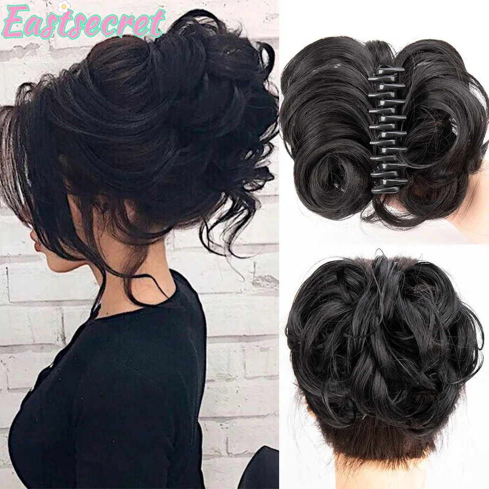 EAST Synthetic Chignon Messy Bun Claw Clip in Hair Piece Wavy Curly Hair Bun Ponytail Extensions Scrunchie Hairpieces for Women
