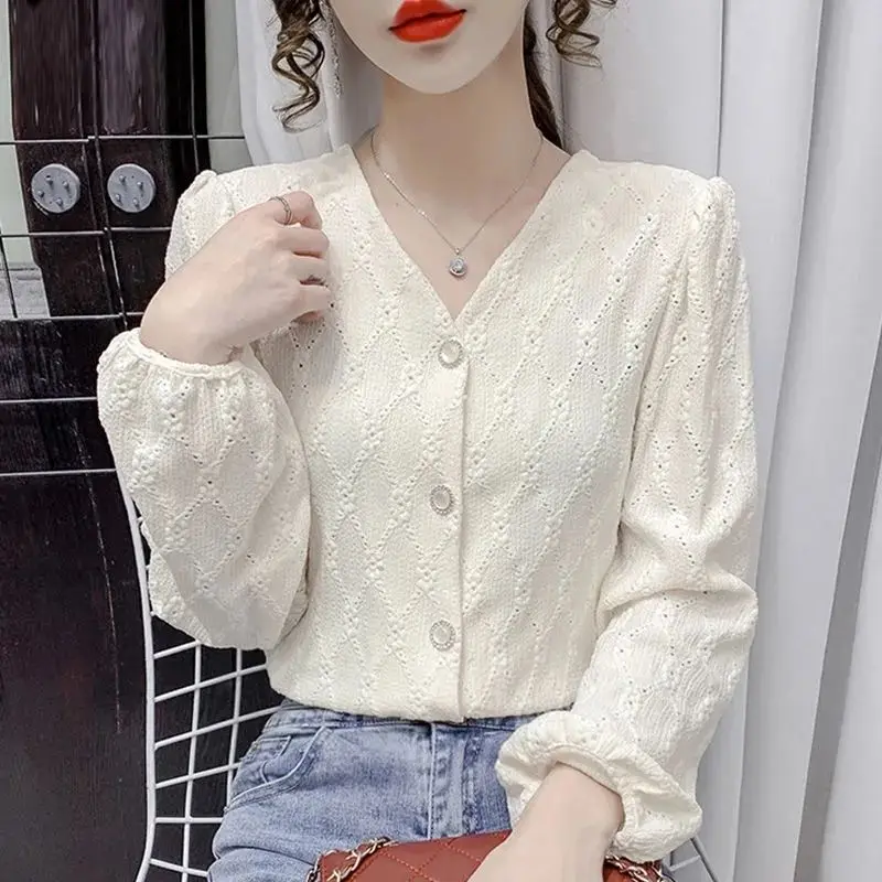 White Blouse Women Summer Autumn V-neck Embroidery Long Sleeve Shirt Cardigan Designer Clothing Tops Kawaii Student Shirts New