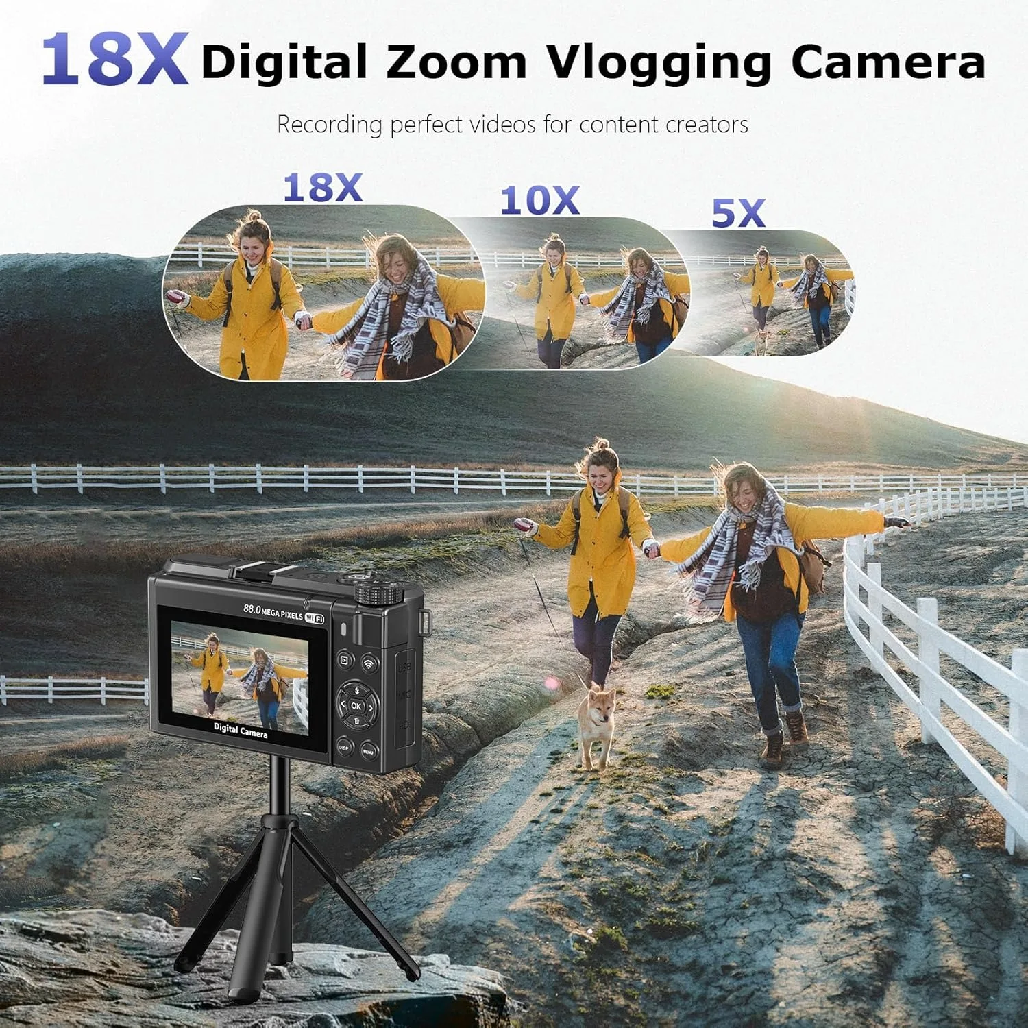 Caméra d'action 8K 88MP avec WiFi et écran rotatif 3 pouces en noir, avec accessoires et étui