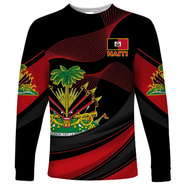 Camiseta con estampado 3D de la bandera de Haiti para hombre y mujer, camisa de manga larga con estampado de abrigo, Marron, camisa redonda para niño, ropa para hombre - Imagen 6