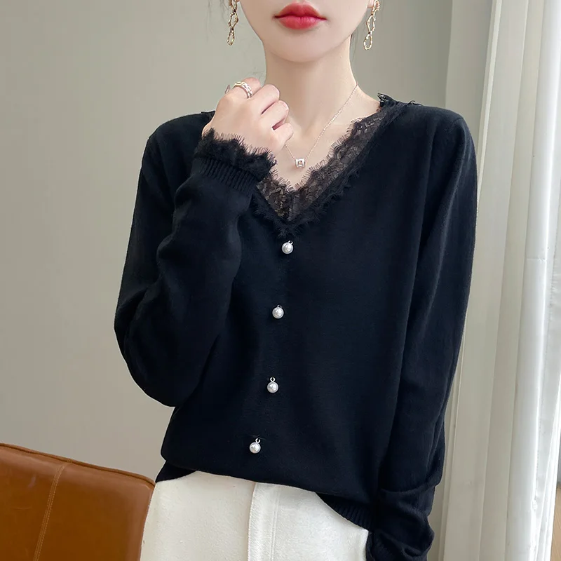2024 Autumn And Winter New Cashmere sweater Women Pullover Lace edged Knitted Long Sleeve Soft Cashmere sweater Women 3