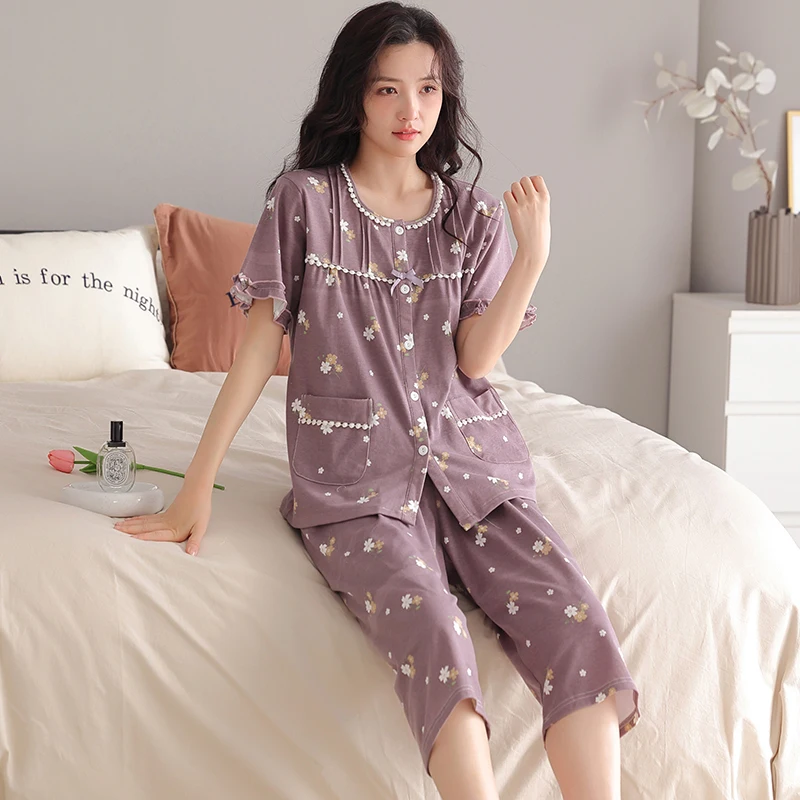 

Summer Floral Women Pajamas Short Sleeve O-Neck Cardigan Casual Tracksuit Female Woven Cotton Sleepwear Suit Big Yards Homewear