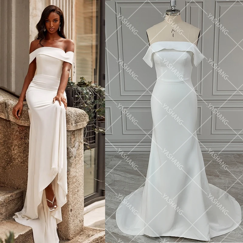 

Off Shoulder Minimalist Satin Bridal Gowns Flap Cold Shoulder White Simple Hourglass Fit Zipper Wedding Dress With Brush Train