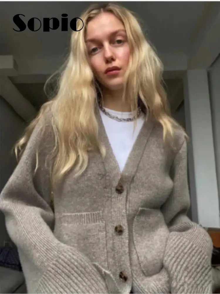 

Casual Knitted Cardigan Sweater Women Fashion Solid V-neck Long Sleeve Sweaters Female 2023 Autumn Elegant Single Breasted Coat