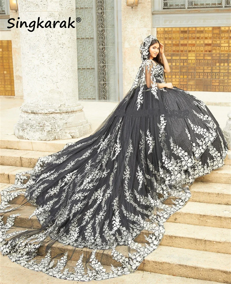

New Arrival 2023 Luxury Black Quinceanera Dresses With Cape Off Shoulder Lace Appliques Crystal Detachable Skirt Princess Ball