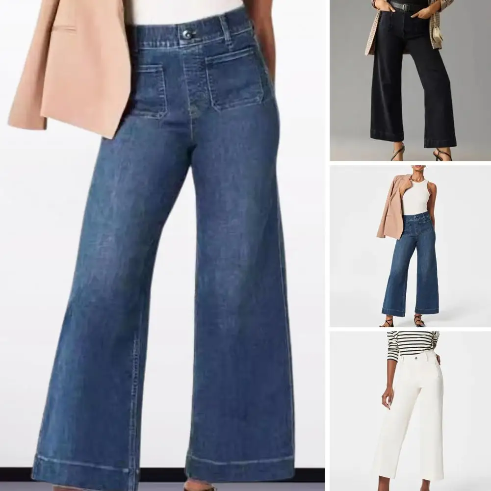 

Wide-leg Trousers Stylish High Waist Flared Hem Women's Jeans with Retro Vibes Multiple Pockets for Commute Travel Ankle Length