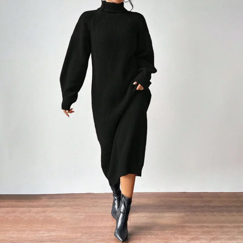 2025 New Winter Knit Dresses Women Turtleneck Straight Long Dress Autumn Solid Full Sleeve Thick Casual Vestidos Basis Lady 4