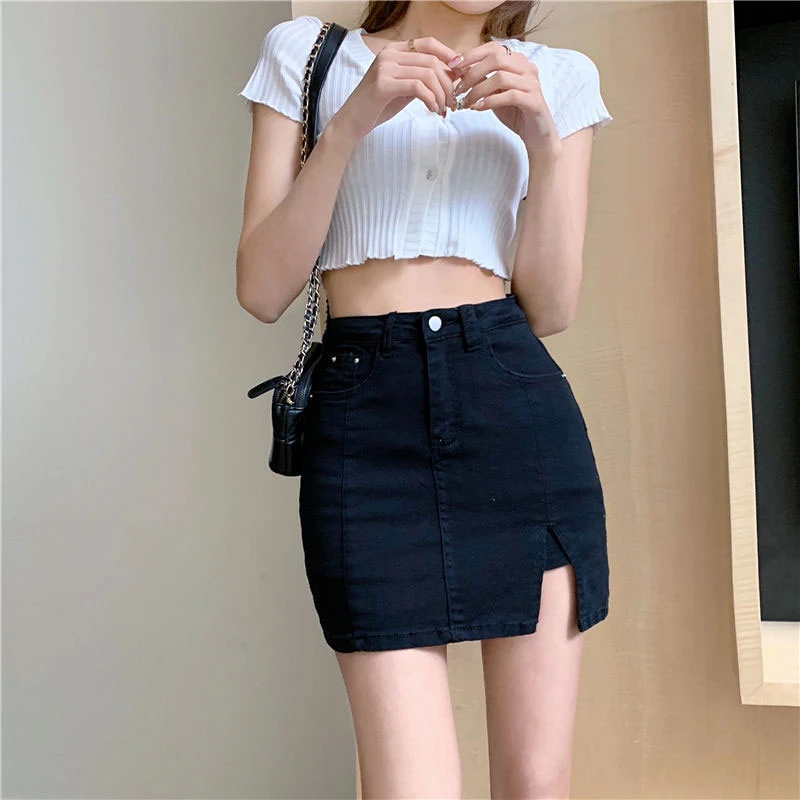 Anti-glare denim bustier ins style new elastic high waist a word short skirt pants open fork package hip black skirt female