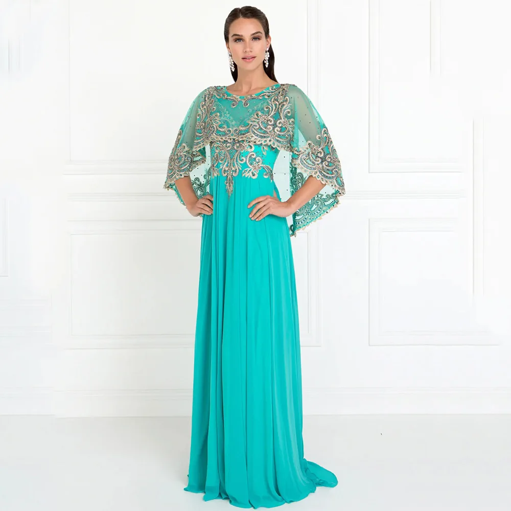 

Green Elegant Crewneck Cape Mother of the Bridal Dresses Embroidered Appliques Chiffon Floor Length Wedding Party Banquet Gowns