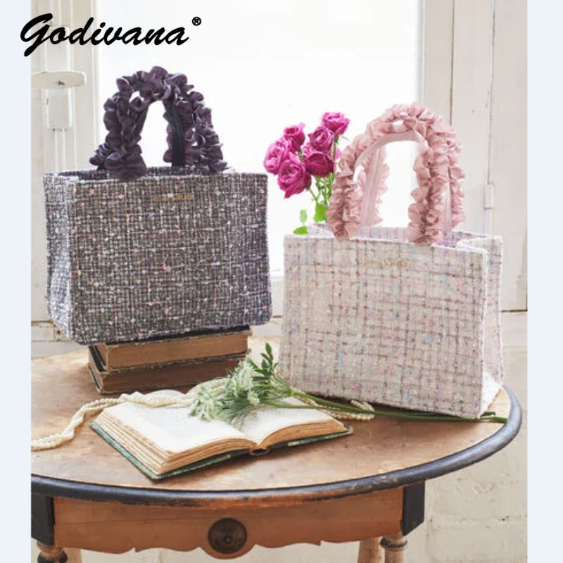 Japanese Fashion New Classic Style Tweed Shiny Surface Flower Pleated Handle Shoulder Portable Small Square Bag Women's Handbags