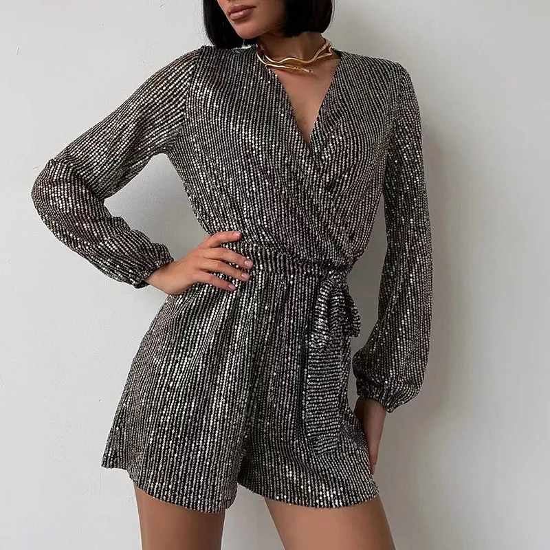 

Summer Lantern Long Sleeve Women Overall Elegant Slim Glitter One Piece Romper 2024 Party Fashion Sequin Short Jumpsuit Commute