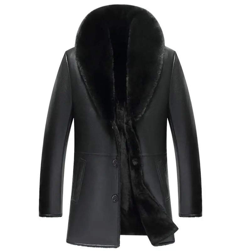 

Promotion Low Price Winter Long Detachable Large Fur Collar Leather Jacket Mens Leather Jackets Faux Fur Thick Very Warm Coat