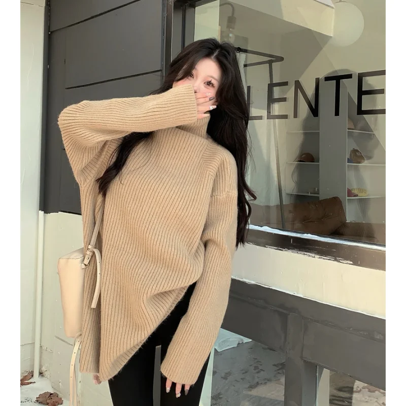 

Khaki Women Clothing Vintage Knitting Sweater Cashmere High Collar Korean Fashion High Quality Simplicity NEW Female Spring Tops