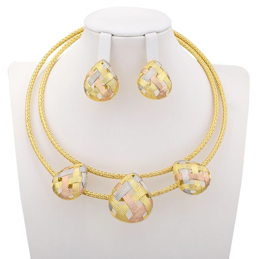 

Dubai Colorful Woven Droplet Shape Necklace Earrings Fashion Jewelry Set Elegant Luxury African Wedding Anniversary Party Gift