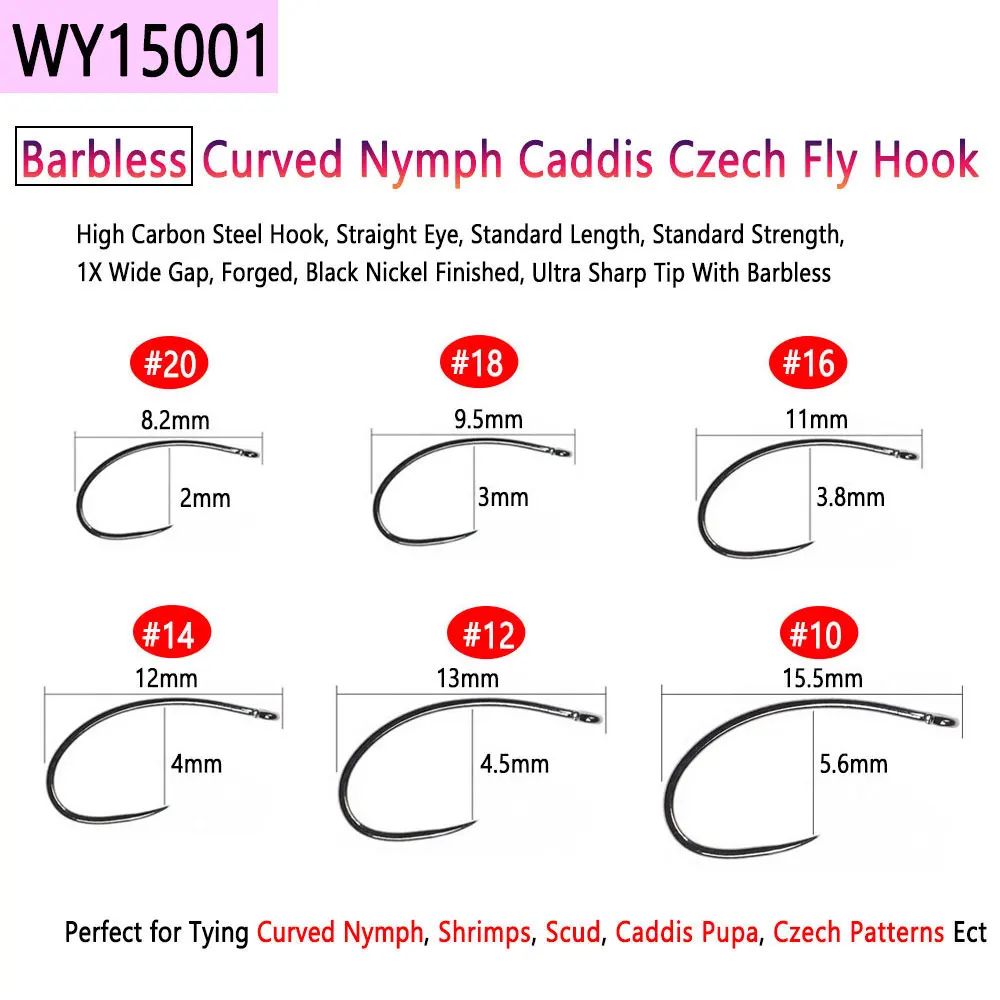 Elite TG 100PC Fly Tying Jig Hooks,Fly Fishing High Carbon Barbless Hook  Wide Gape Jig Dry Wet Caddis Nymph Fly Hooks Trout Lure