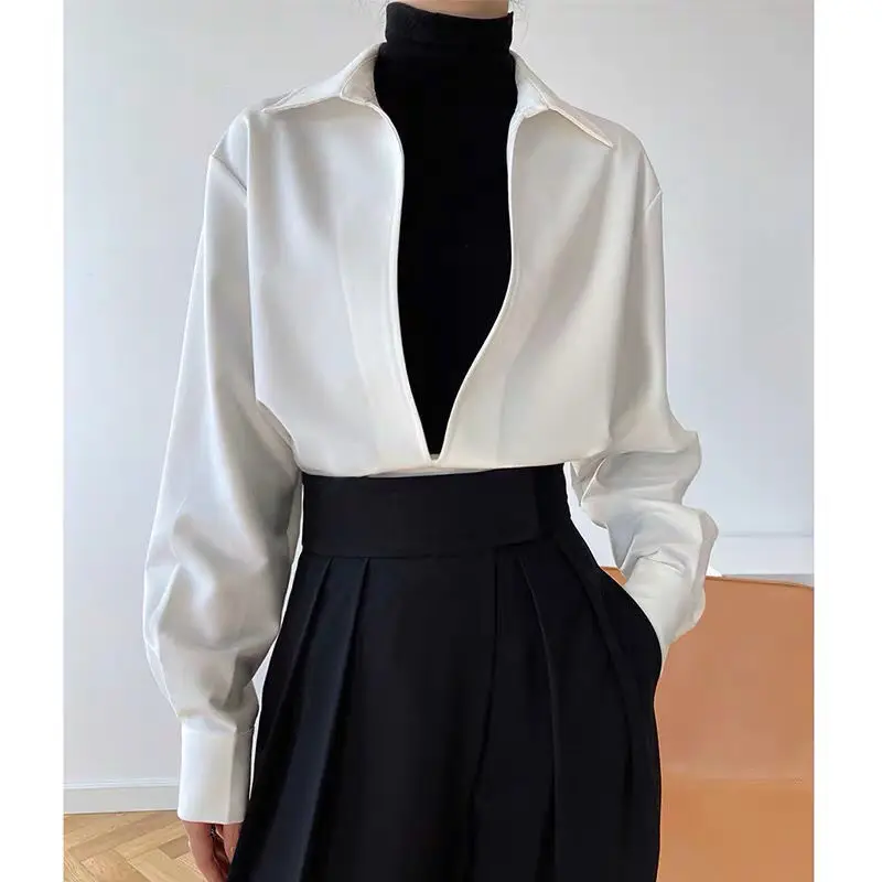 

HOUZHOU Harajuku White Blue Shirts Loose Elegant Female Tops Office Wear Women Vintage Blouses No Buttons V-Neck Autumn Clothes