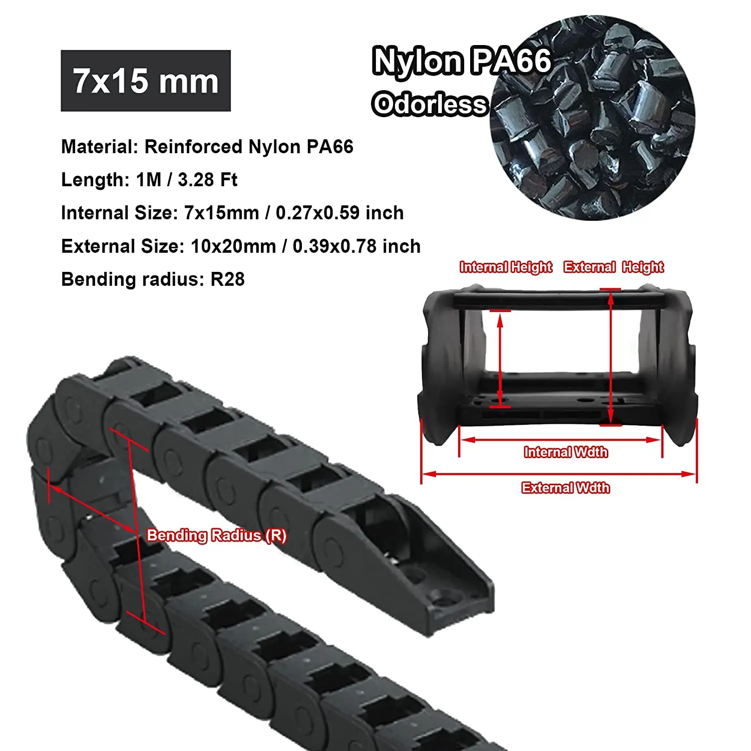 7x15mm Cable Carrier Drag Chain Closed Type Plastic Flexible Nylon Chains 1M with End Connectors for 3D Printer CNC Machine
