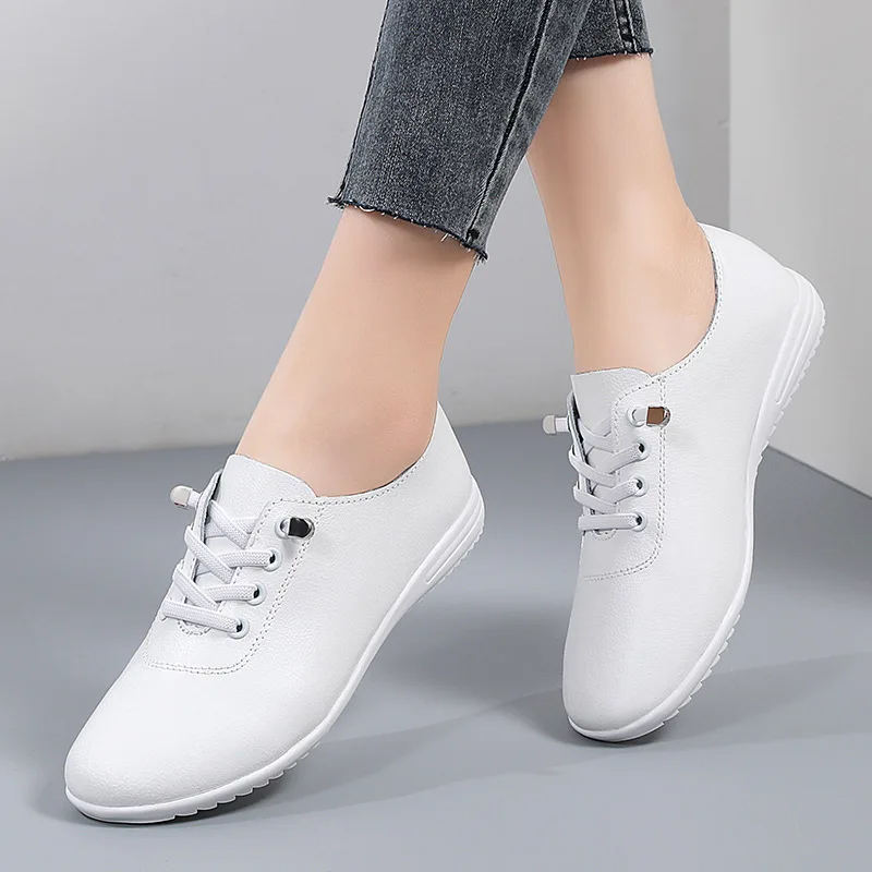 WOIZGIC Female Ladies Women's Genuine Leather Flats Shoes Loafers Soft Moccasins Lace Up Comfortable 3
