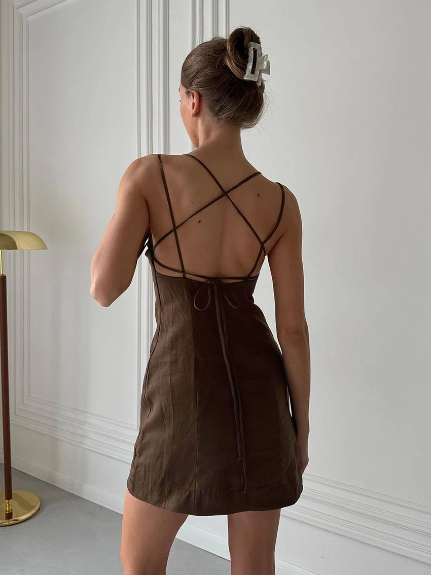 Marthaqiqi Fashion Sexy Women Sleepwear Spaghetti Strap Nightgowns V-Neck Pajamas Lace Up Backless Nightwear Slim Ladies Pyjamas