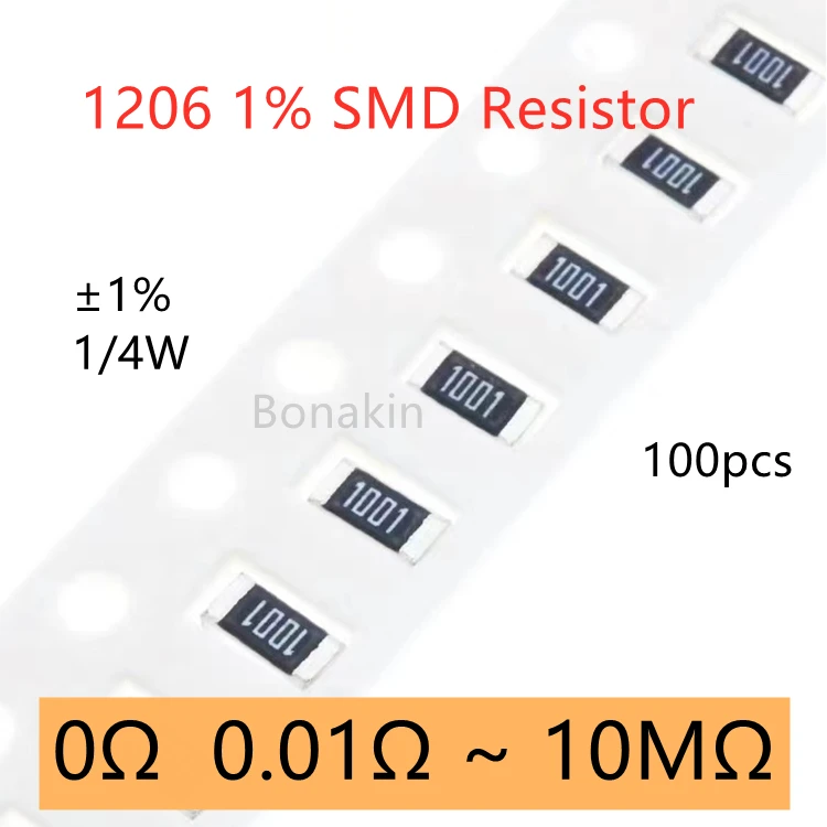 1206 1% SMD Resistor 0R 1 ohm 2&Omega; 3.3R 10R 15R 20R 22R 39R 47R 100R 120R 200R300R 1K 2K 4.7K 5.1K 10K 47K 100K 200K 1M 10M 100pcs smd resistor smd chip resistor