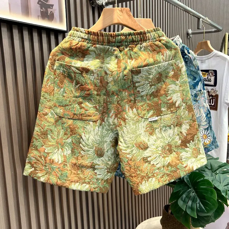 Summer new American trendy brand personalized floral print casual shorts loose washed embroidered straight-leg five-quarter pant