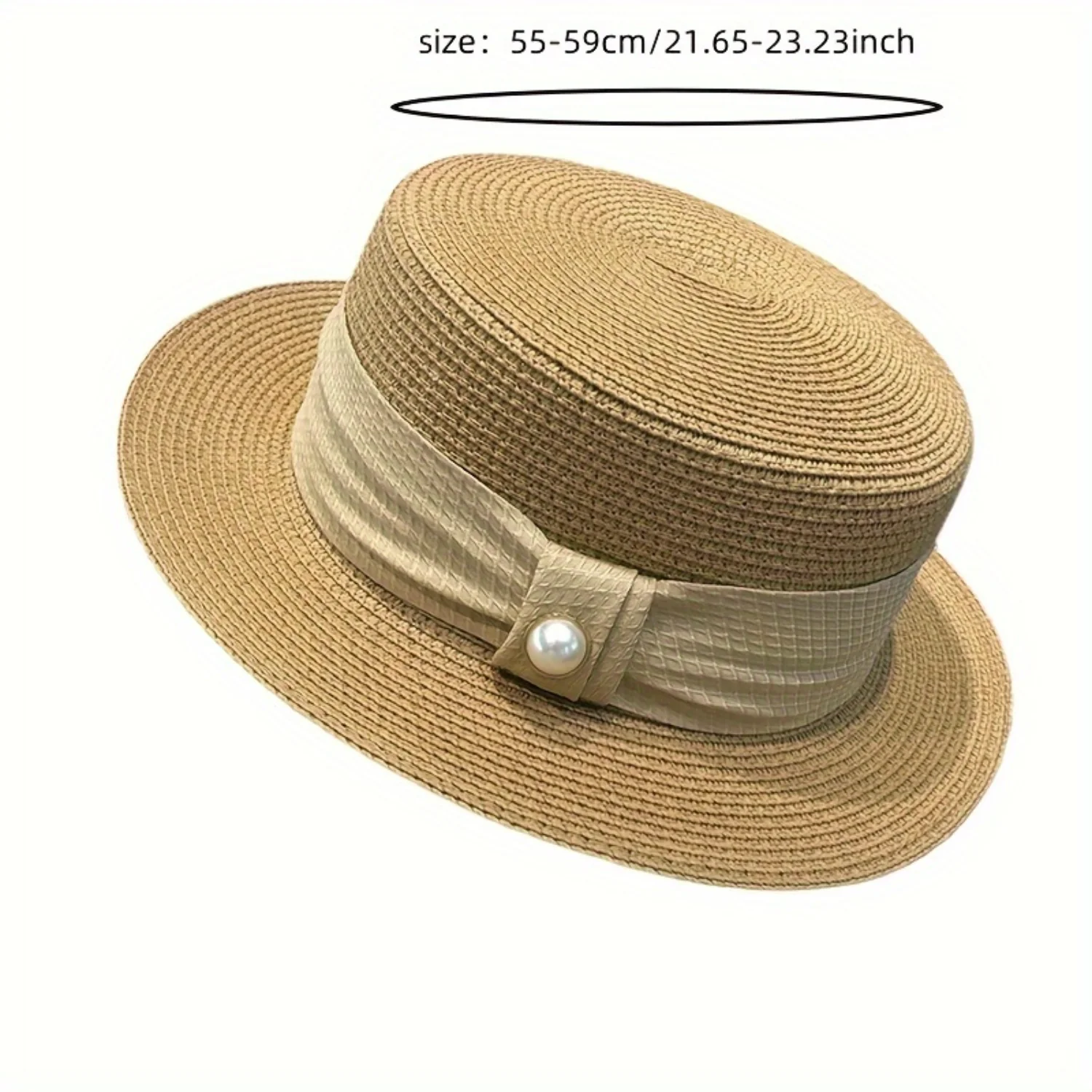 Summer Sun Hat, Casual Anti-UV Flat Top Hat With Faux Pearl Detail, Elegant Stylish Versatile Straw Hat For Ladies, Commuter Sty
