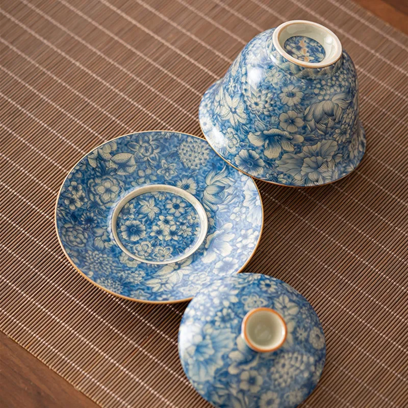 130ml Chinese Antique Ru Kiln Flowers Tea Tureen Covered Bowl Ceramic Gaiwan Teacup Household Tea Separator Travel Teaware