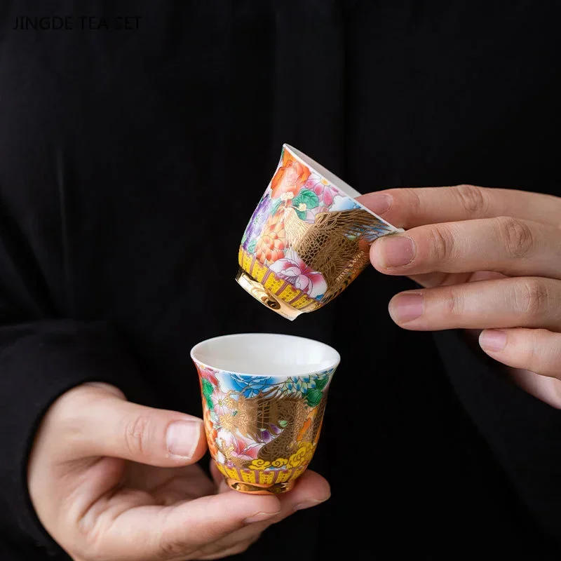 1PCS 50ml Ceramic Teacup Palace Dragon Phoenix Gilded Ceramic Teacup Portable Personal Single Cup Traditional Tea Set