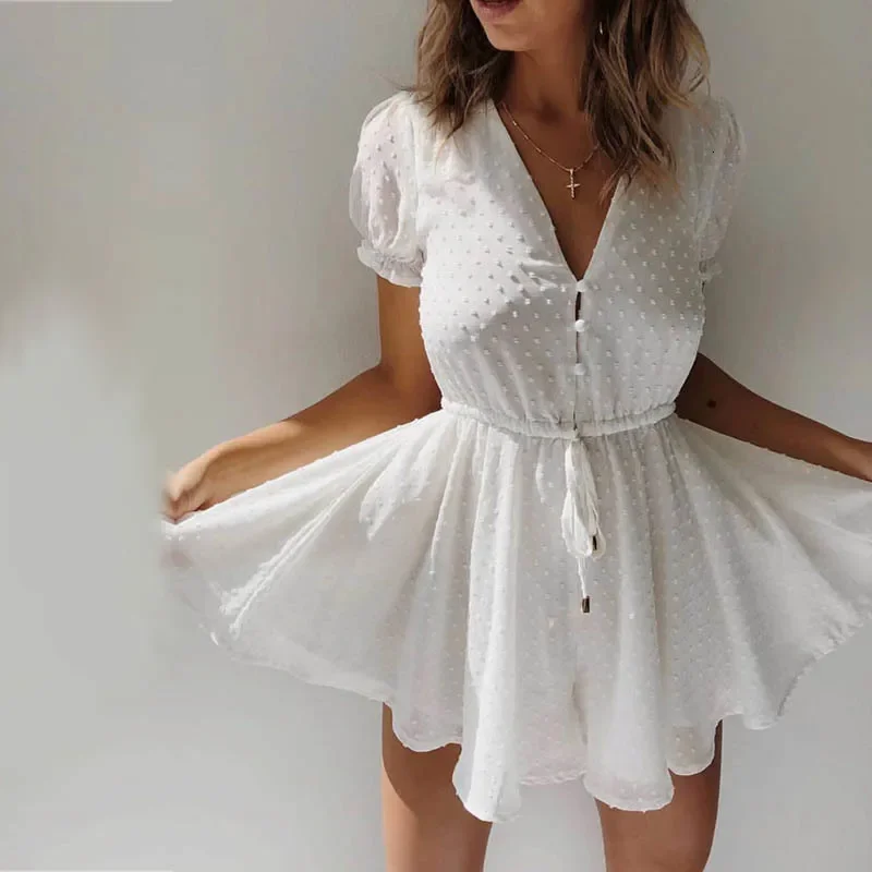 

Summer Beach Overalls White Polka Dot Women Summer Jumpsuit Short Sleeve Sash Slim Waist V Neck Sexy Transparent Rompers Boho