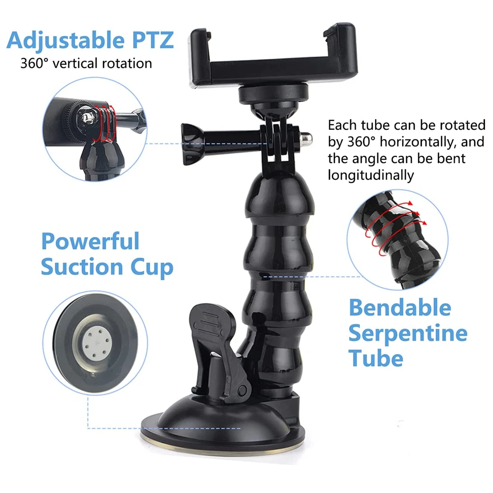 Versatile Windshield Suction Cup Mount with Flexible Clamp Arm for Cameras and Smartphones