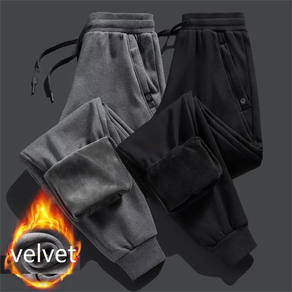 Winter Pants Men Fur Lined Joggers Thick Sweatpants Drawstring Trousers Men Fleece Running Pants Warm Velvet Ankle-Tied Pants