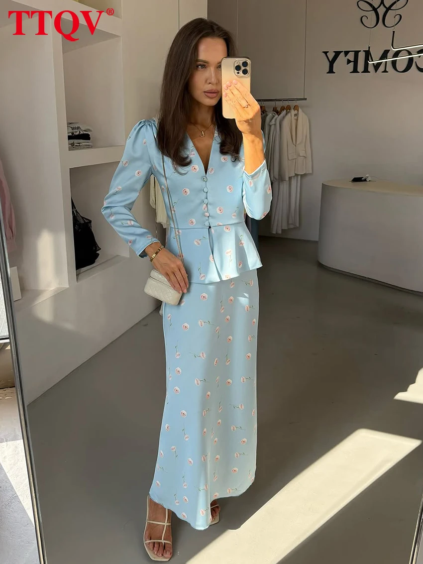 ชุดเซ็ตสองชิ้น หรูหรา พิมพ์ลาย กระโปรงยาวเอวสูง แฟชั่นผู้หญิง