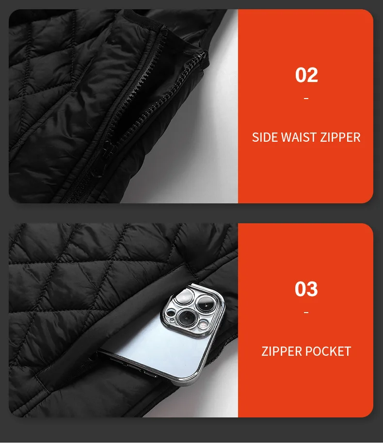 A black Electric Heated Vest with heating areas for cold weather.