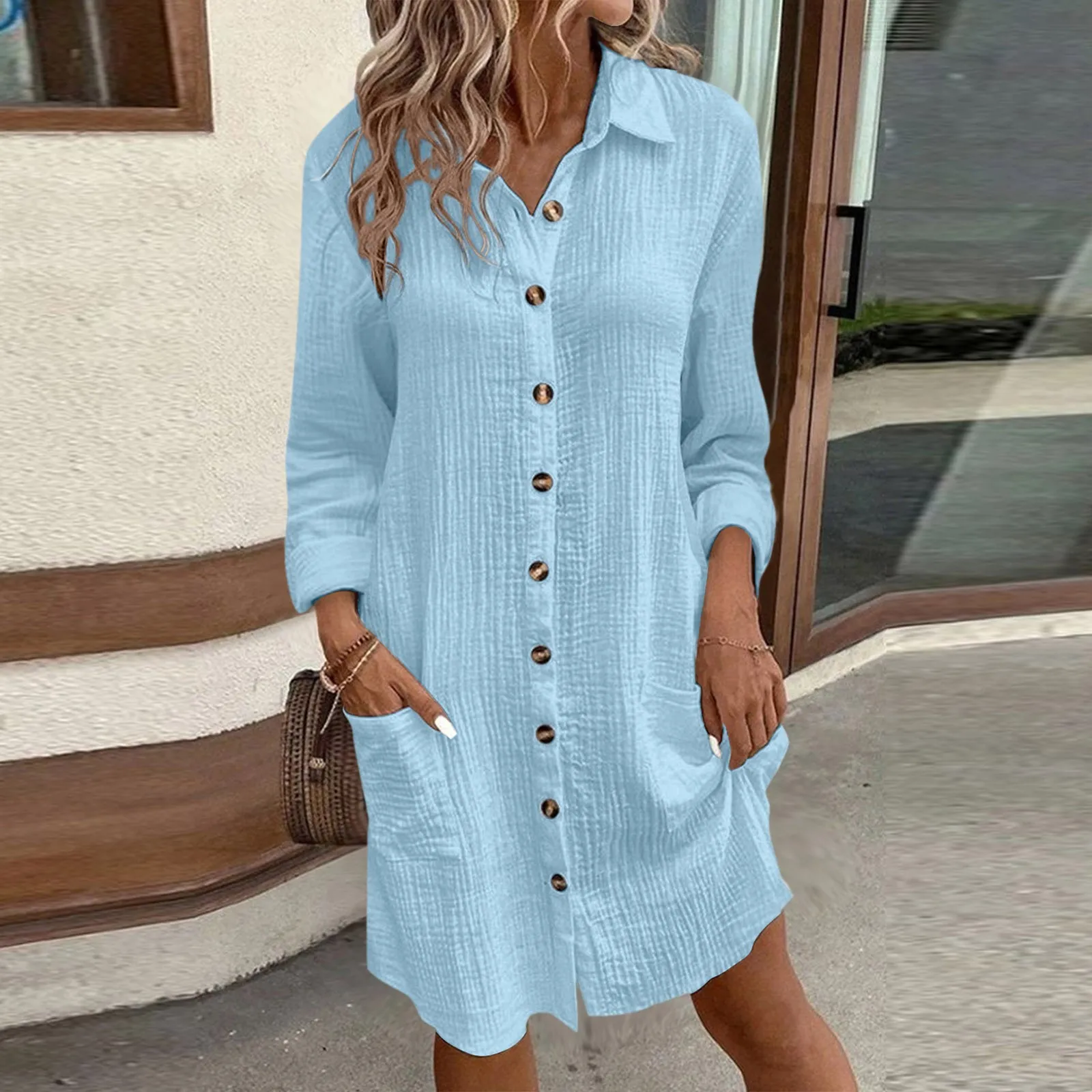 thumbnail image 1 of Vestido de otoño de una sola botonadura irregular informal de algodón y lino para mujer, túnicas sueltas de manga larga, blusas lisas y sencillas para mujer, 1 of 5