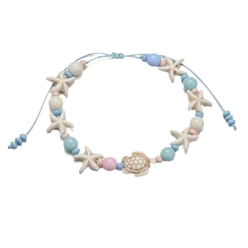 Beach Style Blue Starfish And Turtle Anklet for Women Cute Fashion Beige Beads Summer Vocation Jewelry Gifts