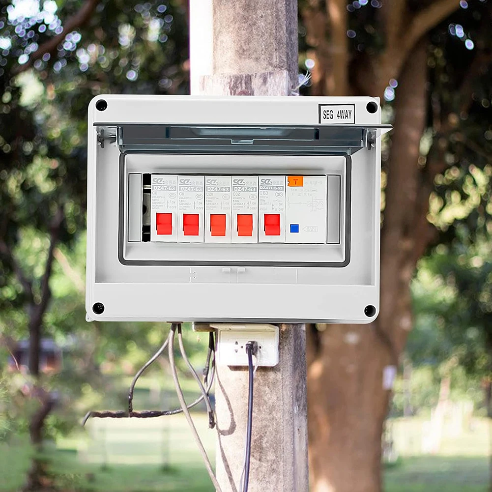 

4 Way Circuit Breaker Protection Box With Circuit Breaker Waterproof Garage Shed Camper Van Caravan Consumer RCD 63A 30mA