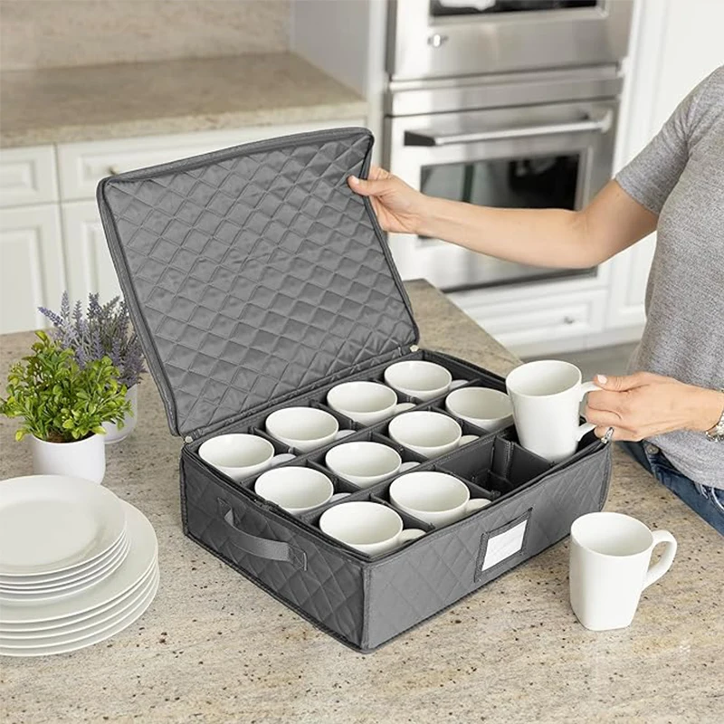 Kitchen Coffee Cup Storage Box Grey Foldable Fabric Teacup Mug Dust Proof Storage Basket with Lid Multifunctional Organizer 2