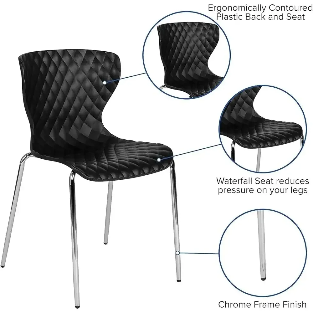 Contemporary Design Black Plastic Stack Chair Ergonomic Contoured Ripple Diamond Pattern Back Stacking Chair Modern Space 6