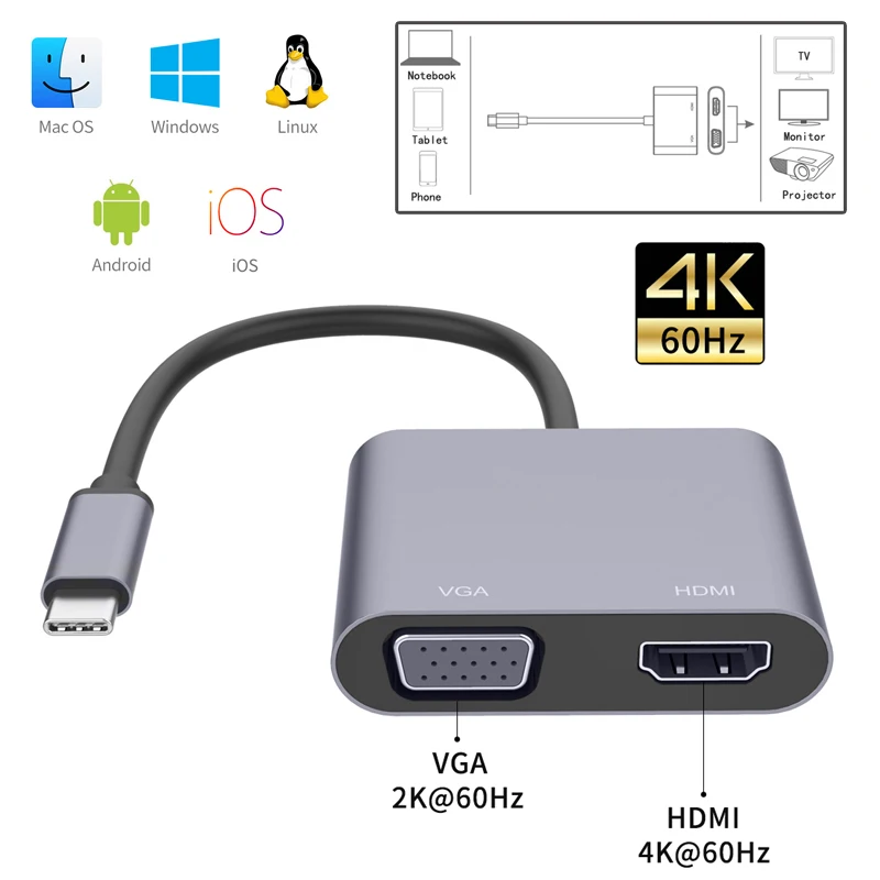 Laptop Accessorie For Macbook Phone Display Hdtv Projector Usb To Vga Converter Usb C To Hdmi / Vga Adapter Screen Sharing 2K/4K