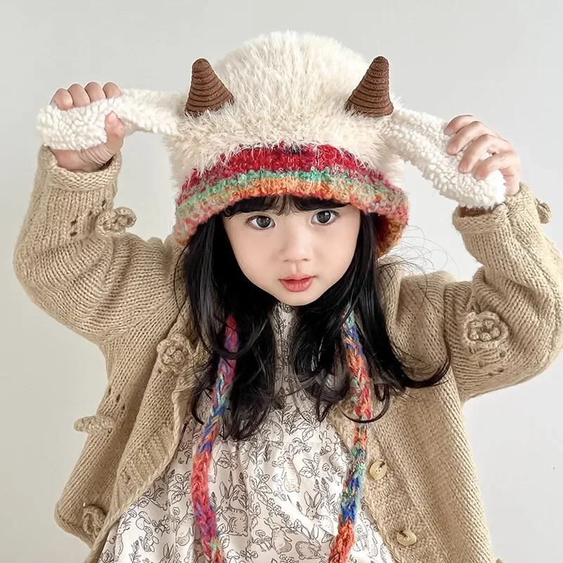 Kawaii Plush Sheep Hats Women Girls Knitted Woolen Hat Fem Winter Warm Ear Protection Hat Sweet Casual Fluffy Fur Kids Beanies