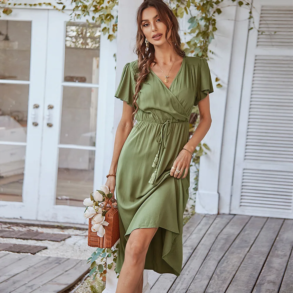 Tellshun 2022 Summer Casual Dresses For Women Elegant Fashion V Neck Pullover Solid Color Sexy Holiday Skirt Midi Dress |