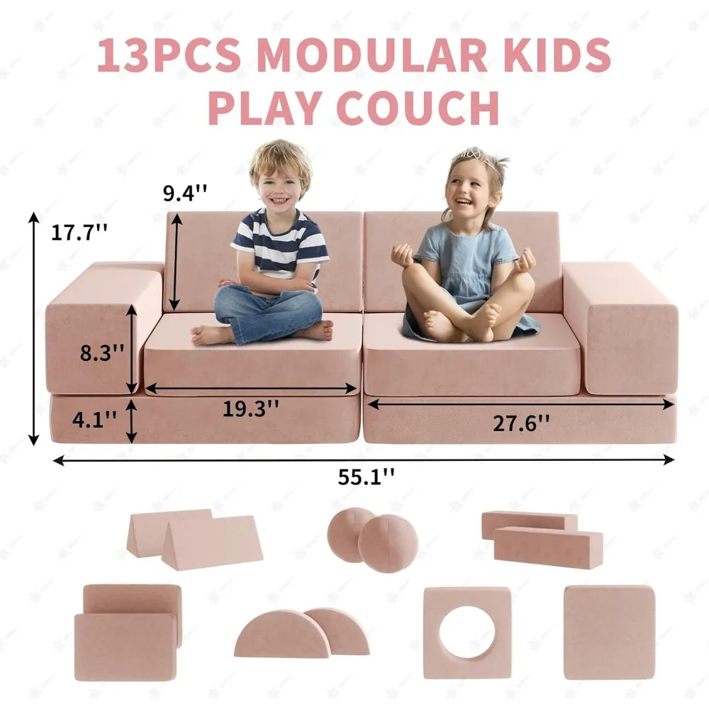 Kids Couch, 12PCS Fold Out Toddler Couch with 2 Balls and Tunnel, Modular Kids Couch for Playroom, Kids Play Couch 2