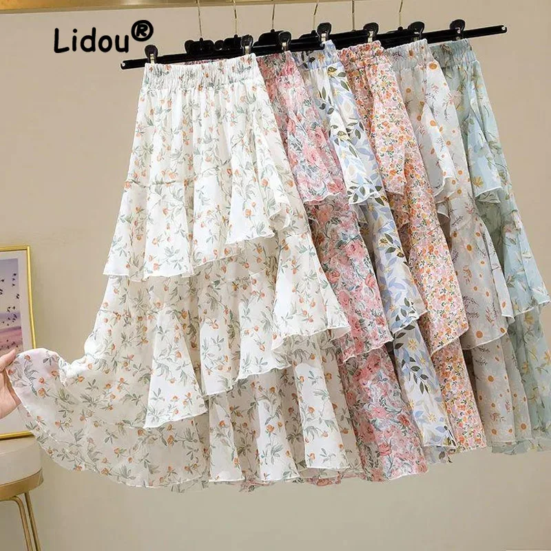 Summer Fashion Irregular Floral All-match A-line Skirt Ruffles Elastic Waist High Waisted Casual Slim Middle Length Cake Skirt