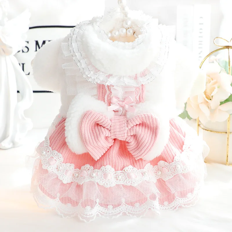 

Dog Pet Clothing Bowknot Lace Lacework Dress for Dogs Clothes Cat Small Winter Velvet Thicken Pink Girl Yorkshire Accessories