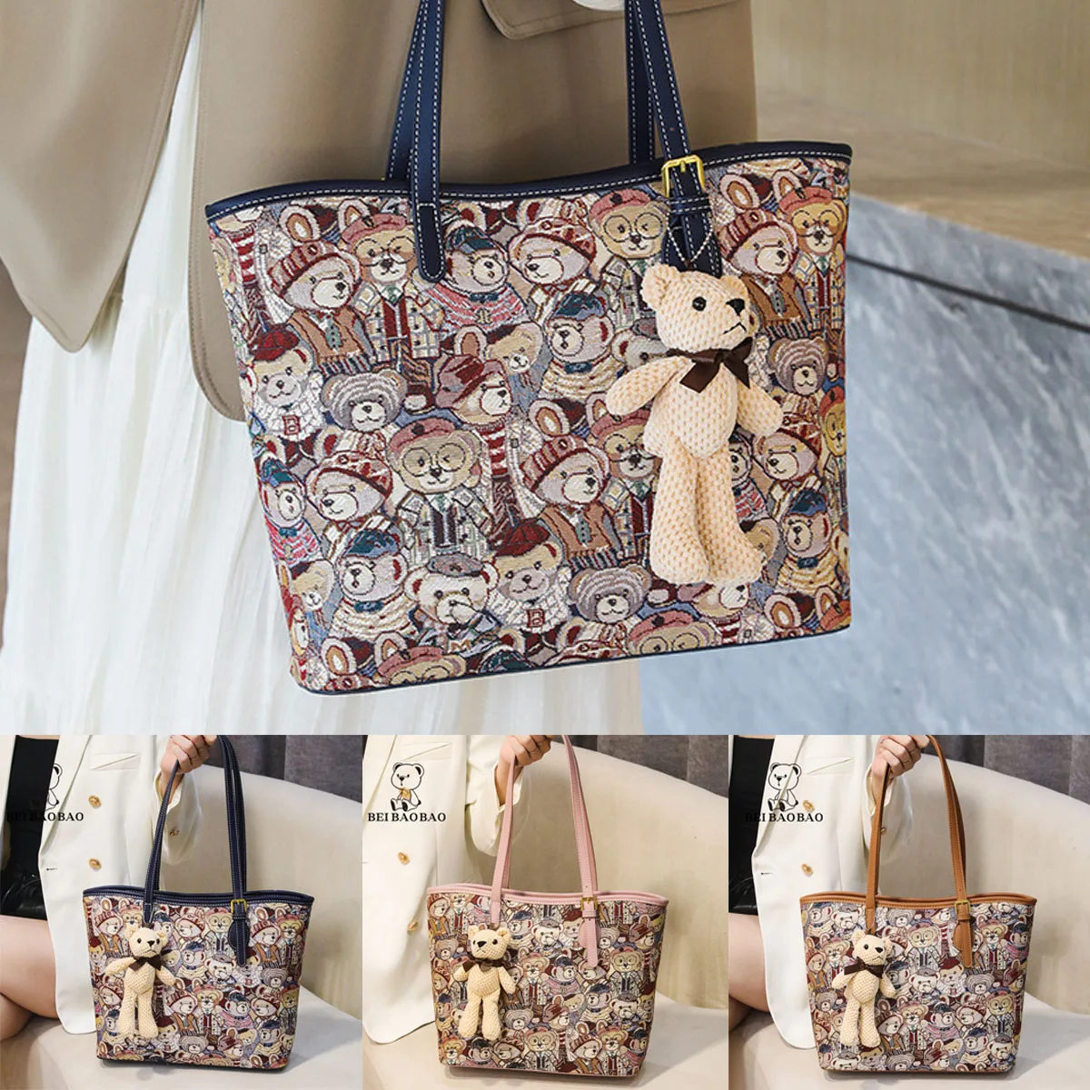 

Little Bear Canvas Bag Women's 2023 New Tote Bag Women's Bag Versatile Fashion One Shoulder Large Capacity Travel Bag
