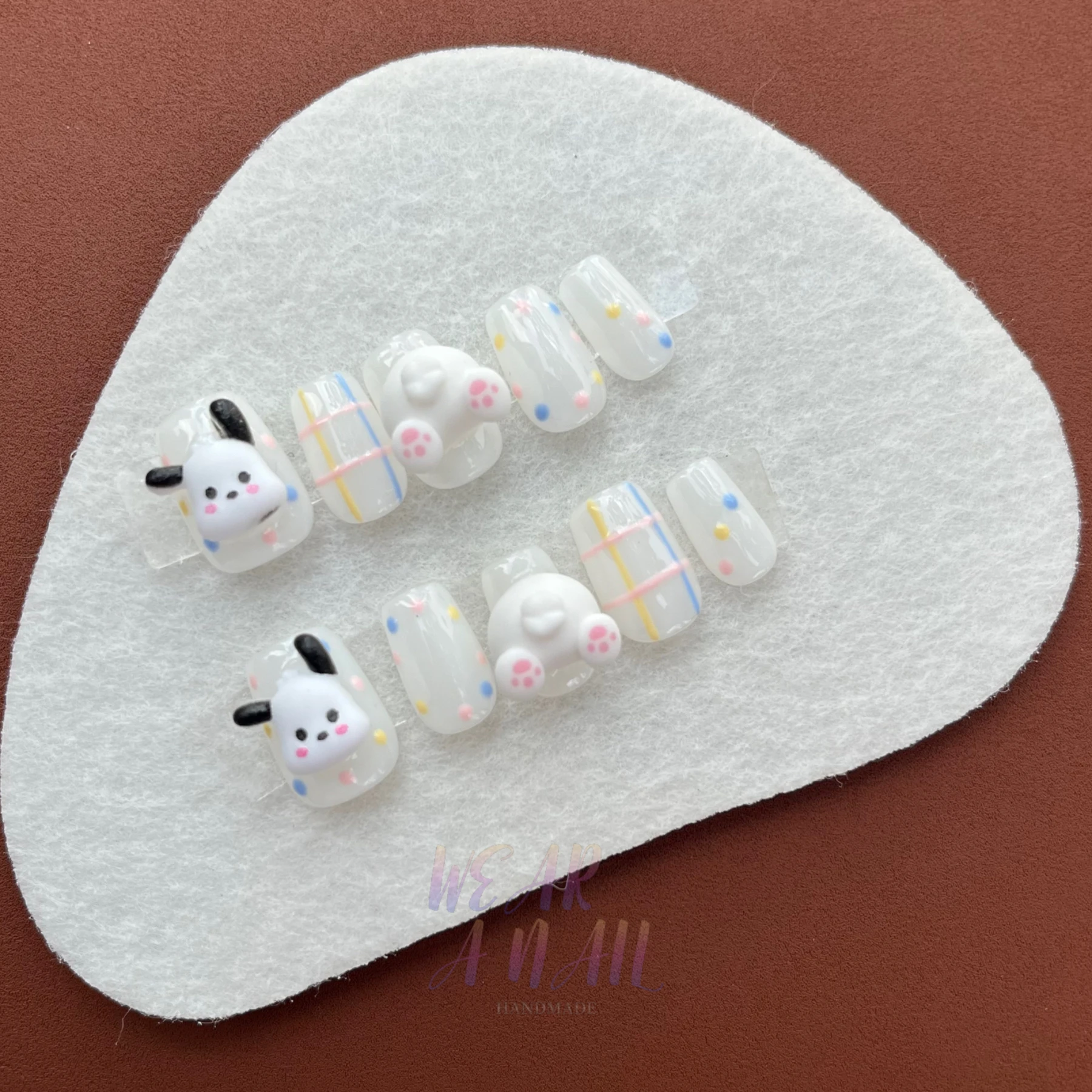 

10pcs Handmade French Wearable Press On Nails Cute Dog Korean Design Reusable Artificial Manicuree Art Charm Nail Tips