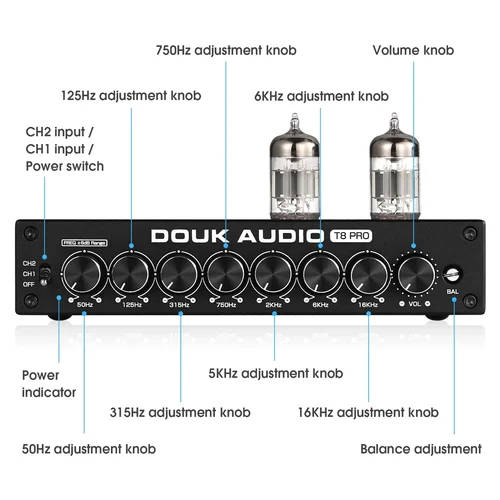 Douk 오디오 하이파이 밸브 튜브 스테레오 밸런스드 XLR/RCA 프리앰프, 7 밴드 EQ 이퀄라이저, 홈 데스크 헤드폰 앰프 2