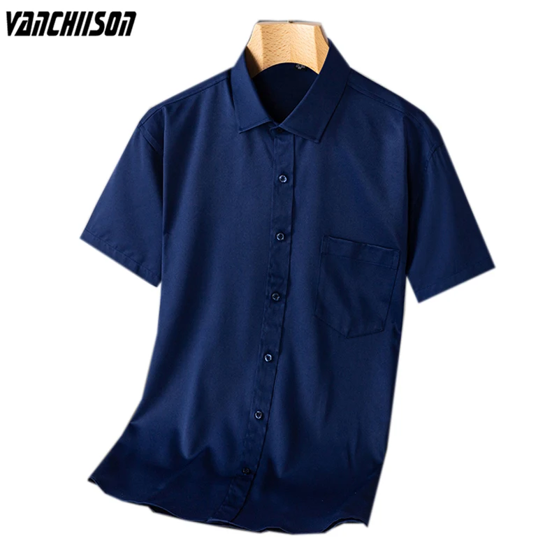 

Men Formal Shirt Short Sleeve for Summer Solid Navy Shopping Office Male Fashion 00535