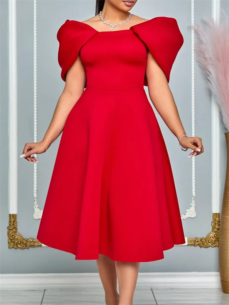 Wmstar Women Dress Summer Fashion Solid Color Sexy Short Sleeve O Neck Gown Formal Knee Length Ladies Evening Banquet Dresses